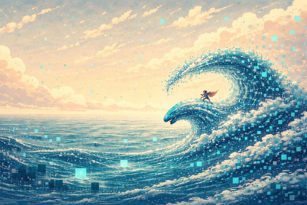 波に乗るサーファーとデジタルな海のイラスト